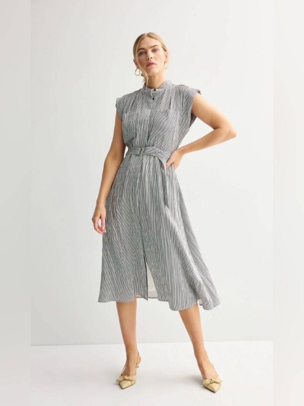 Nine West Gray Striped Belted Midi Dress